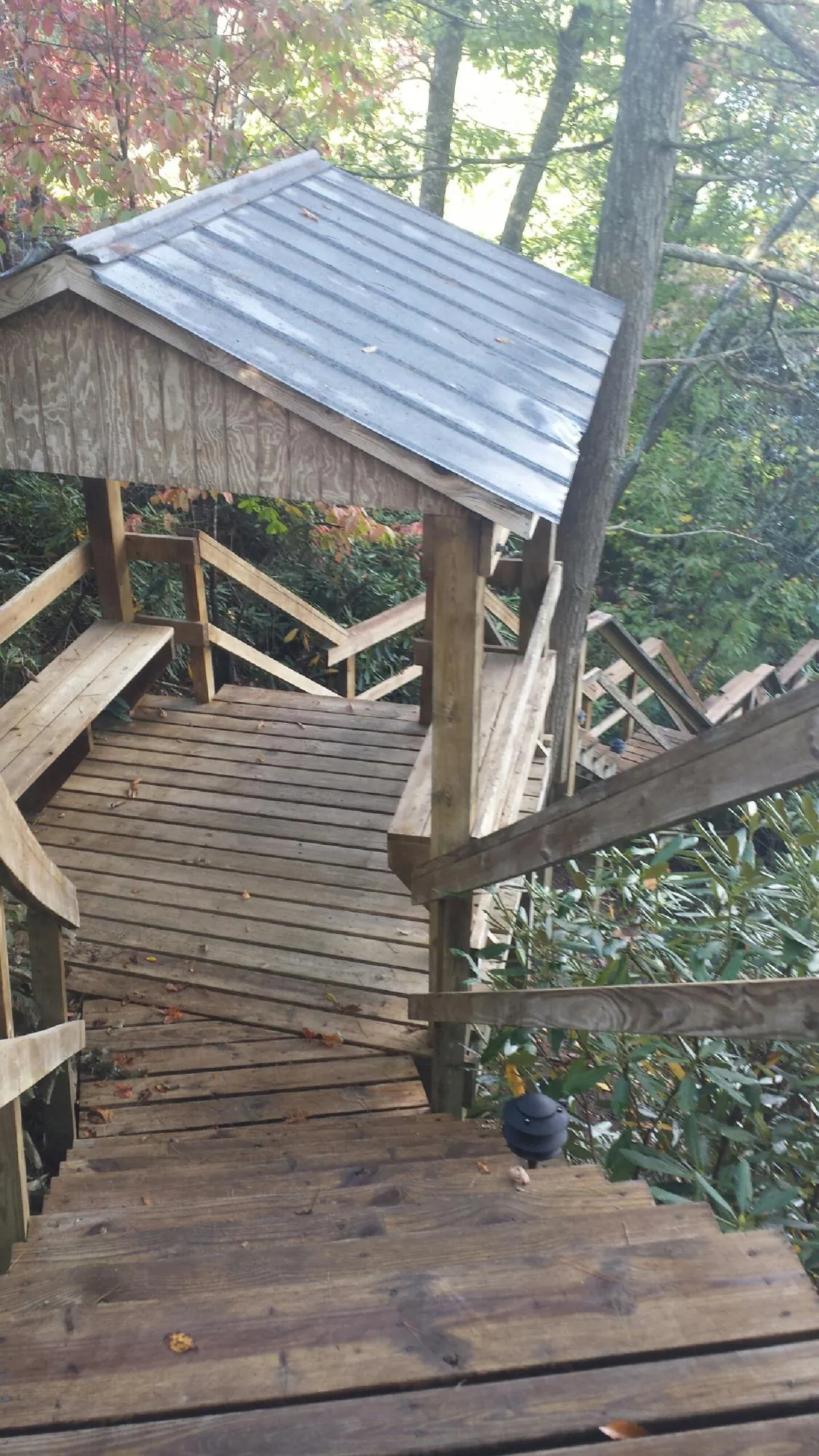 Metal roofed shelter over wooden steps on a wooded walkway — Skylight Repair & Installation work by our crew in New Paris